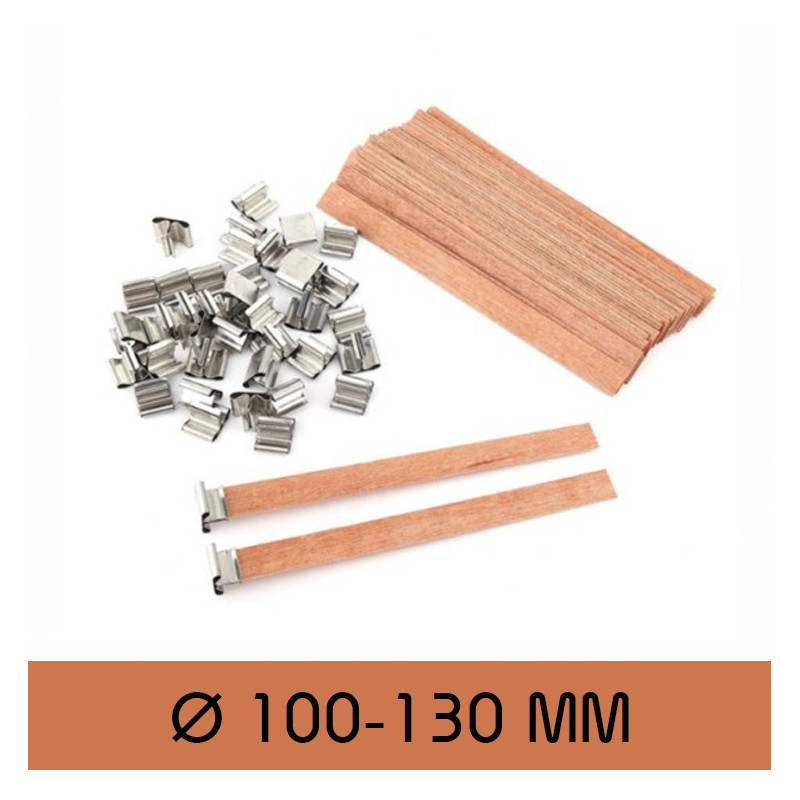 Stoppini in legno 10x120 mm cilindrici con base in metallo per candele -  200 pz